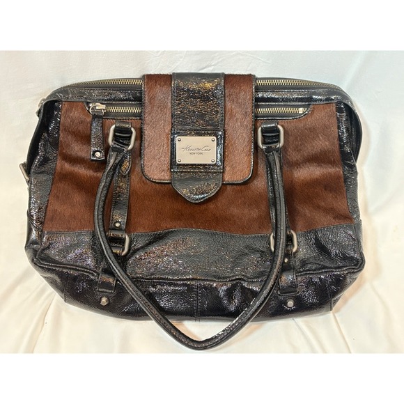 Kenneth Cole Satchel Purse Genuine Leather Haircalf Accents Designer Bag - Picture 1 of 15